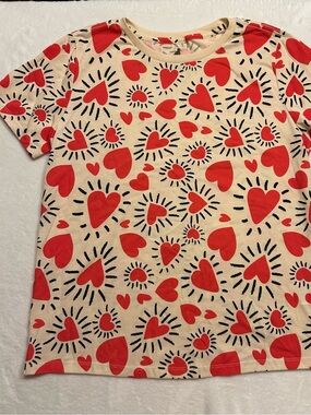 Cuidado con el Perro L Beige Heart Graphic Crew Neck Short Sleeve T-Shirt